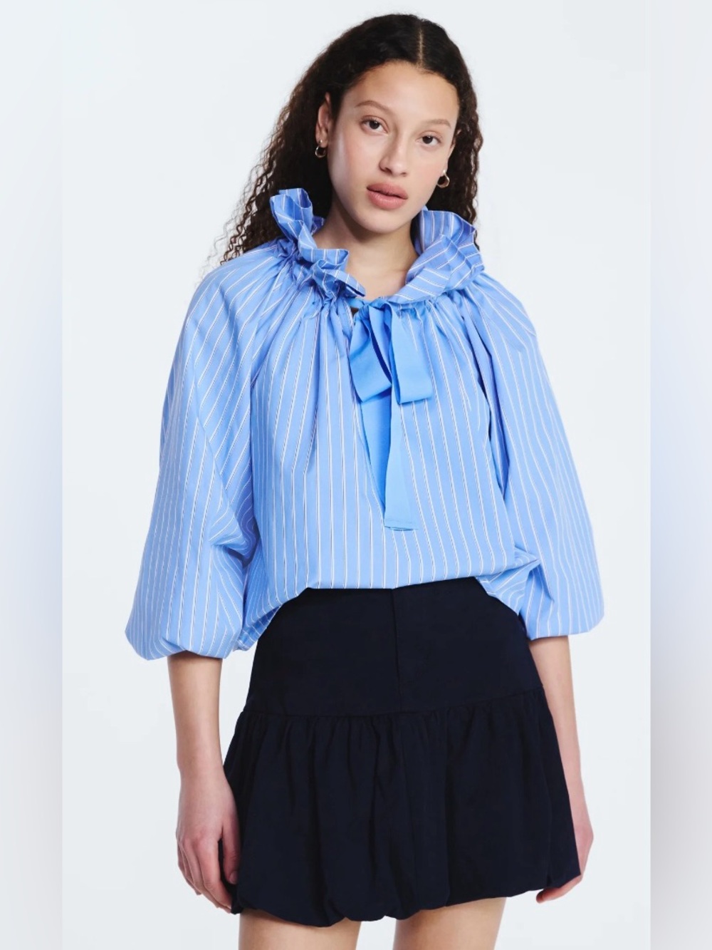 NWT Free Assembly blue white Striped puff tie neck bow Blouse